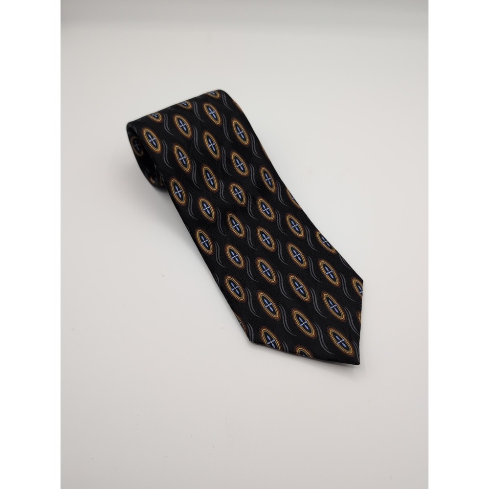 Vintage J.Z.‎ Richards Silk Tie Black Geometric Oval Medallion Pattern Made USA